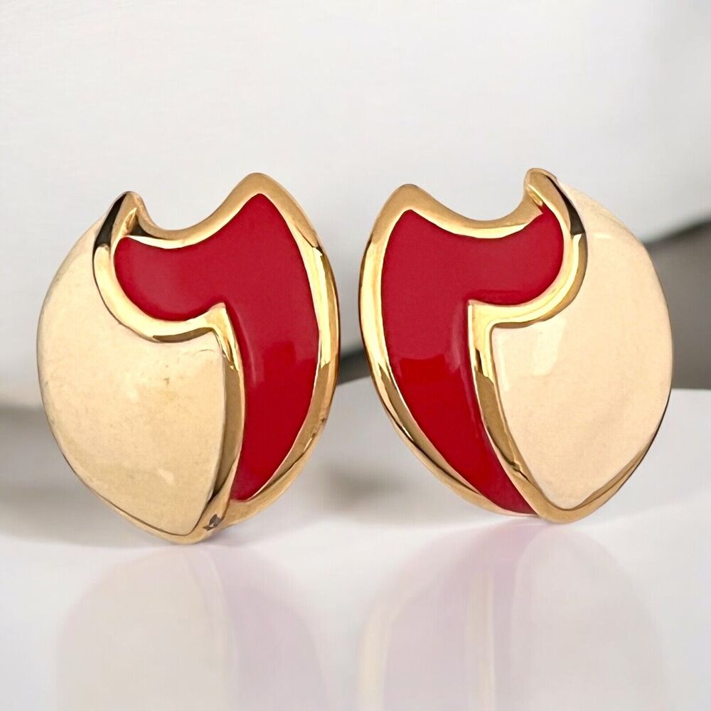 Vintage 1980s Monet Enamel Earrings Gold Tone Red Cream Clip On Statement - 12A